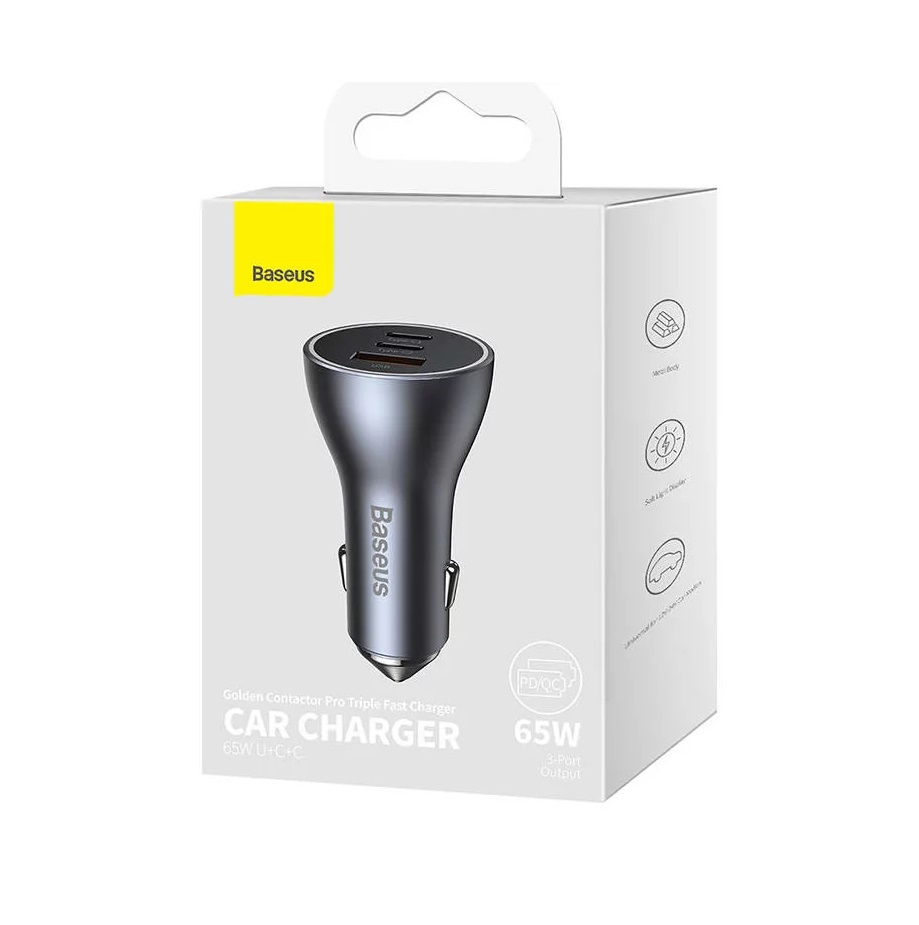 Baseus caricabatteria da auto 65W porta USB + 2 porte USB-C Golden Contactor Pro gray CGJP010013