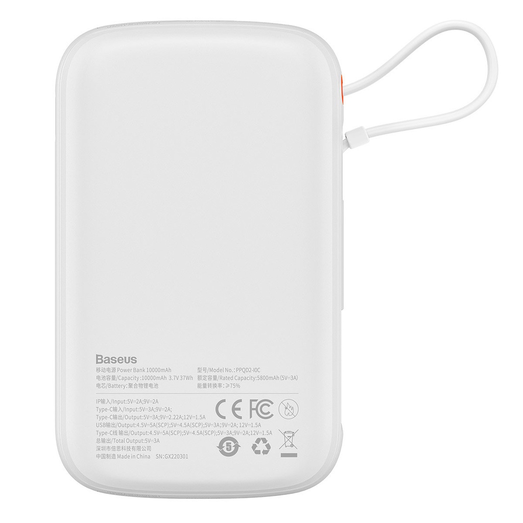 Baseus power bank 10000 mAh 22.5W Qpow Pro con cavo Type-C integrato white PPQD020102