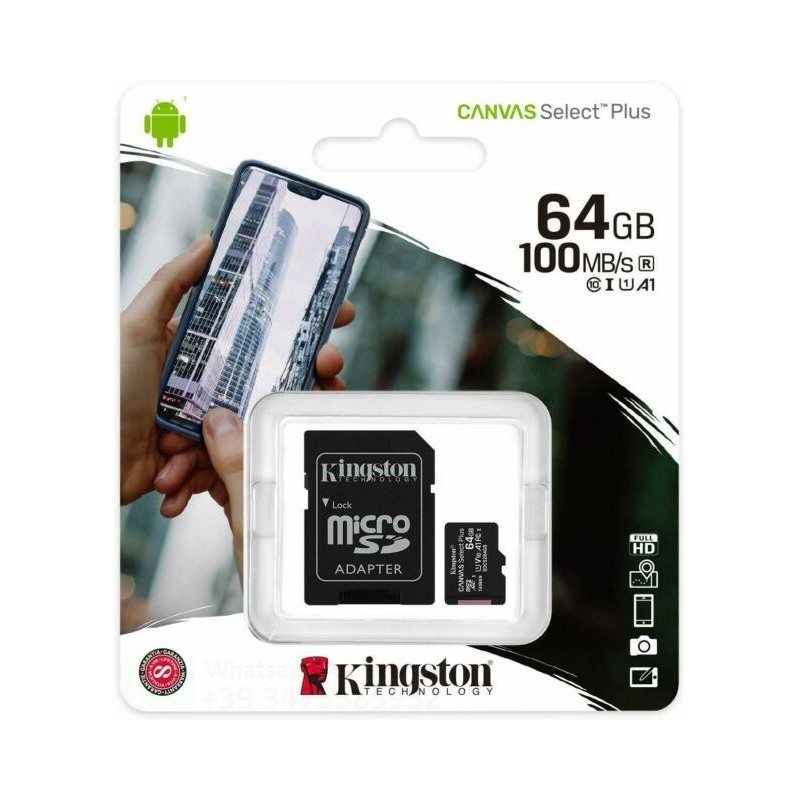 MicroSd 64GB Kingston classe 10 SDCS2/64GB micSDHC canvas select plus 100R con adattatore