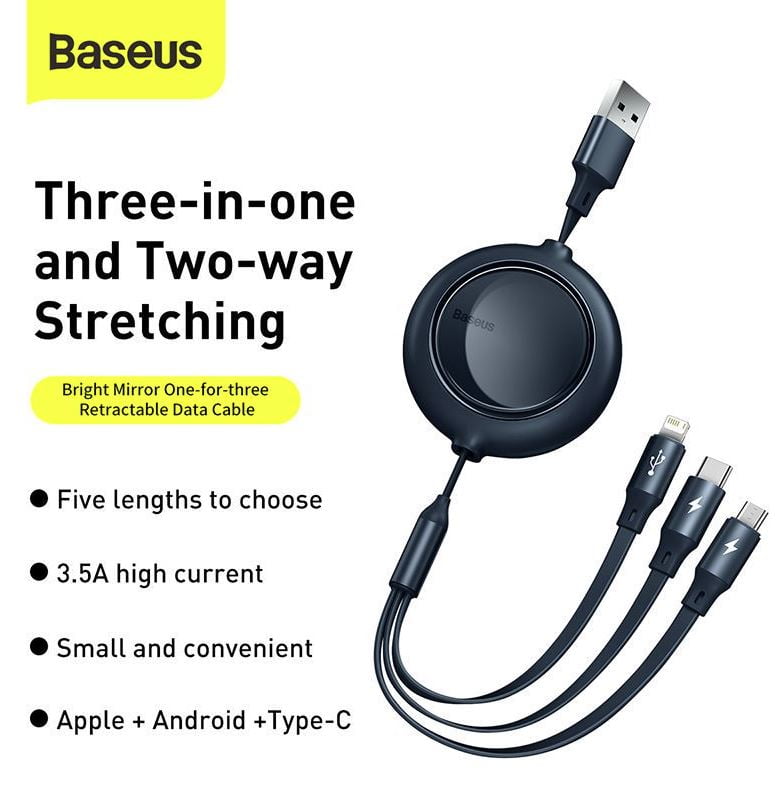 Baseus cavo dati 3in1 retraibile 3.5A 1.2mt Bright Mirror black CAMLT-MJ01