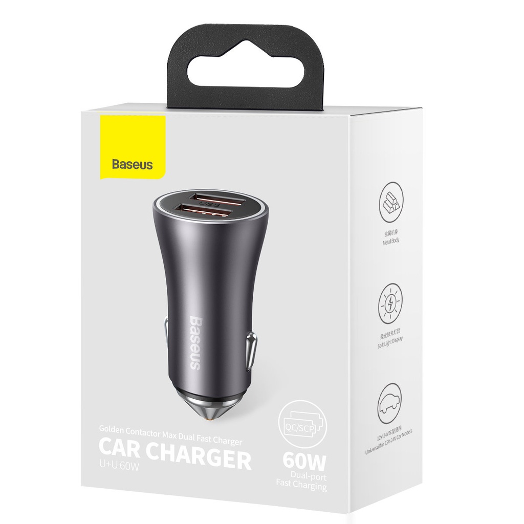 Baseus caricabatteria da auto 60W 2x porte USB Golden Contactor Pro dark grey CGJM000013