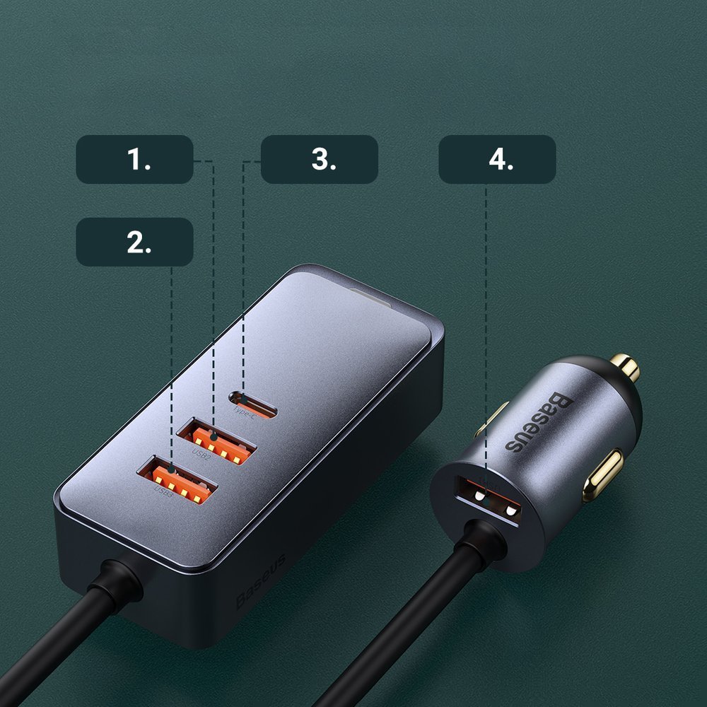 Baseus caricabatteria da auto 120W (3x USB+ USB-C) Share Together grey CCBT-B0G