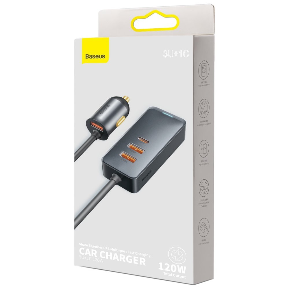 Baseus caricabatteria da auto 120W (3x USB+ USB-C) Share Together grey CCBT-B0G