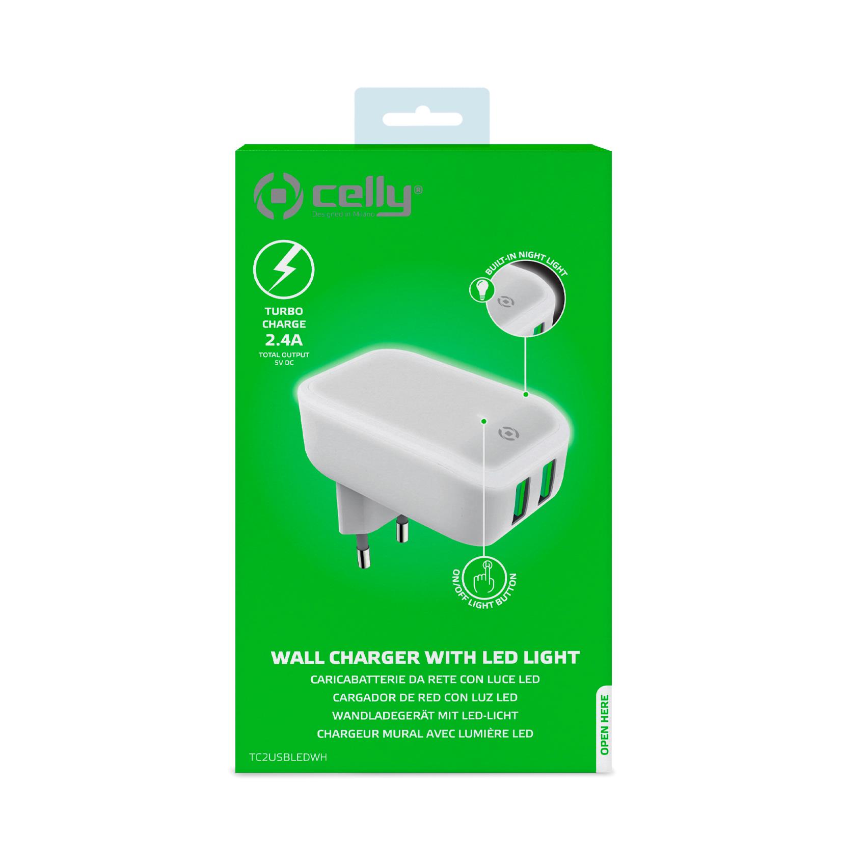 Caricabatteria Celly 12W + 2 porte USB con night light white TC2USBLEDWH
