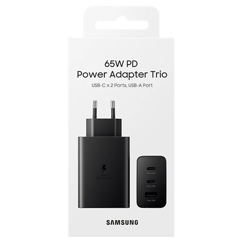 Samsung caricabatteria 65W (2x USB-C + USB) Power Adapter Trio black EP-T6530NBEGEU