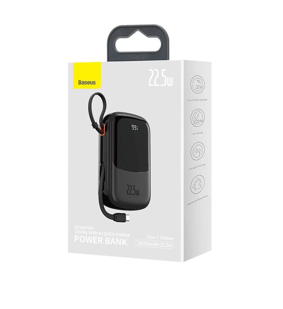 Baseus power bank 20000 mAh 22.5W Qpow Pro con cavo Type-C integrato black PPQD060301