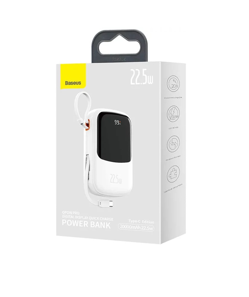 Baseus power bank 20000 mAh 22.5W Qpow Pro con cavo Type-C integrato white PPQD060302