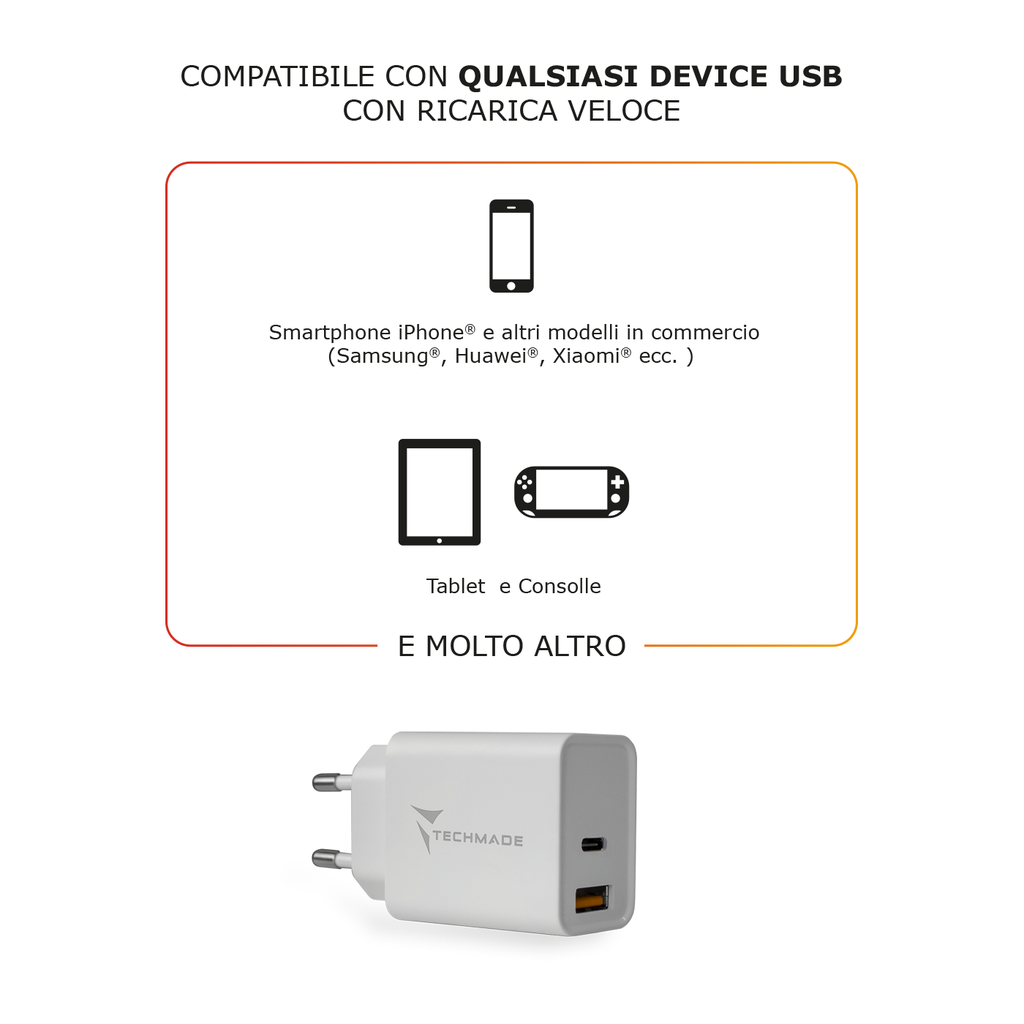 Techmade charger USB 20W 2 ports USB + USB-C fast white TM-TC046AC
