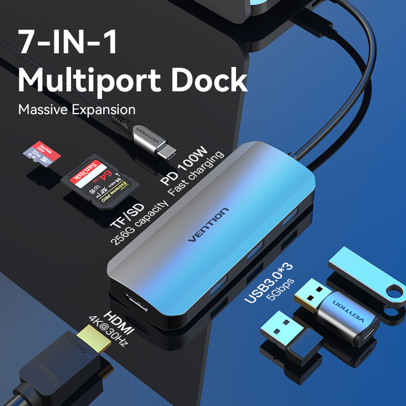Vention Hub 7 in 1 Type-C con 1 HDMI, 3 USB 3.0, 1 Lettore SD, 1 TF, 1 Display Port 0.15mt aluminum gray TOJHB