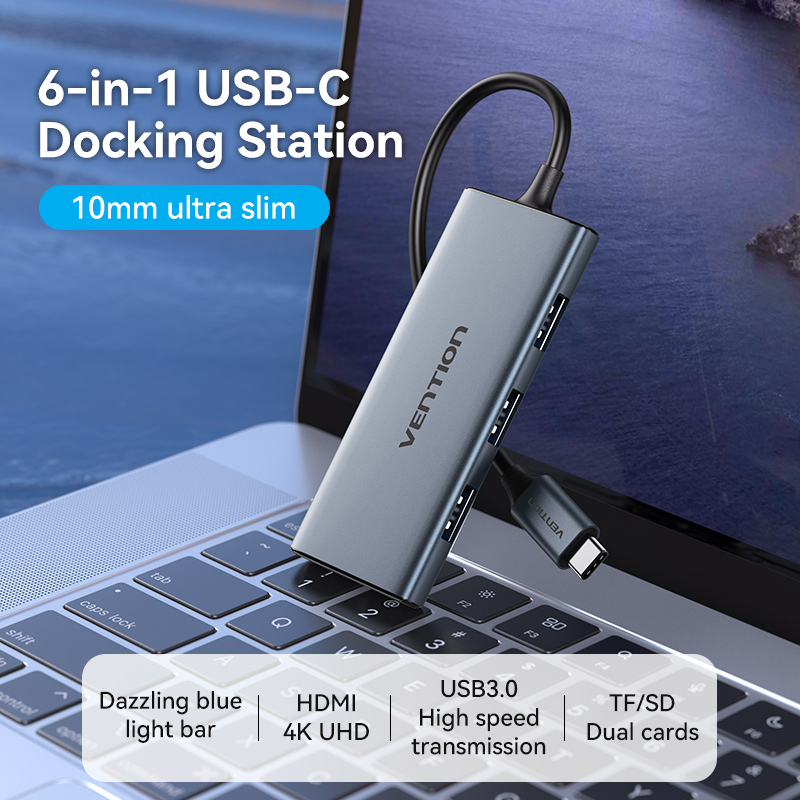 Vention Hub Type-C 5 in 1 con 1 HDMI, 3 USB 3.0, 1 Supporto TF/SD 0.15mt aluminum gray TOOHB