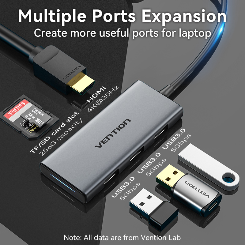 Vention Hub Type-C 5 in 1 con 1 HDMI, 3 USB 3.0, 1 Supporto TF/SD 0.15mt aluminum gray TOOHB