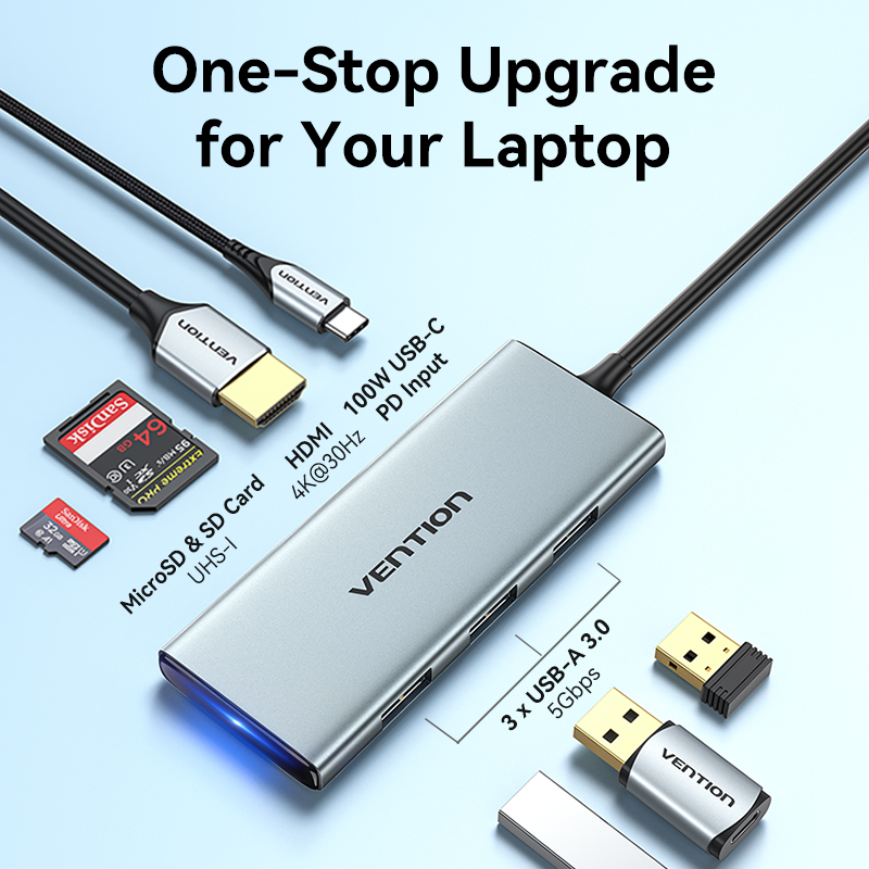Vention Hub Type-C 7 in 1 con 1 HDMI, 3 USB 3.0, 1 Supporto TF/SD, 1 Display Port 0.15mt TOPHB
