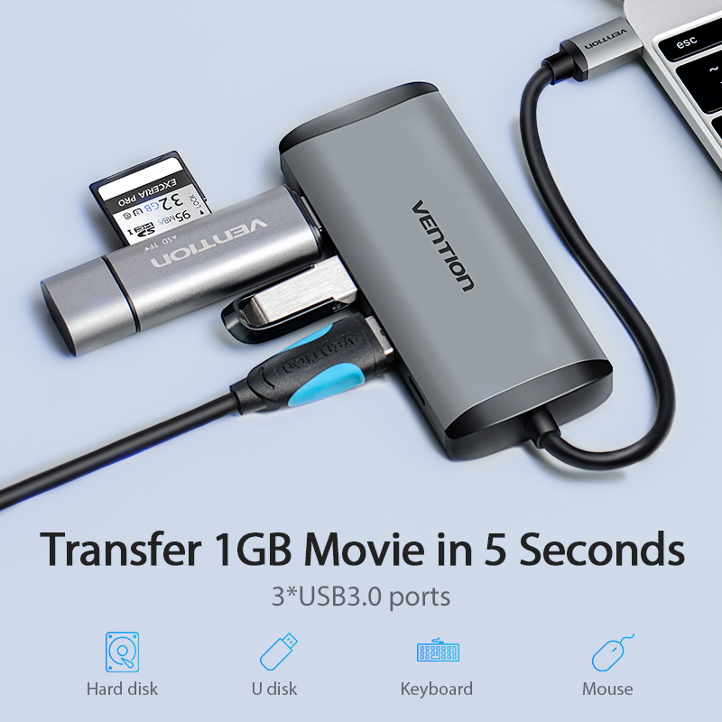 Vention Hub Type-C 7 in 1 con 1 HDMI + 3 porte USB 3.0 + 1 convertitore PD metal gray CNBHB