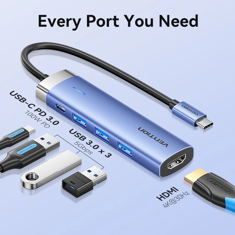 Vention Hub Type-C 5 in 1 con 3 Porte USB, 1 HDMI, 1 USB-C PD 0,15 mt Blue Aluminum Alloy Type TGESB