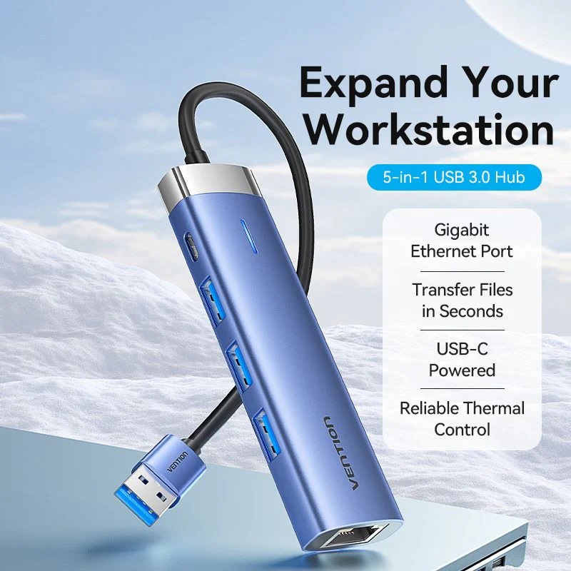 Vention Hub 5 in 1 con 3 Porte USB, 1 RJ45, 1 USB-C 0,15 mt Blue Aluminum Alloy Type TGFSB