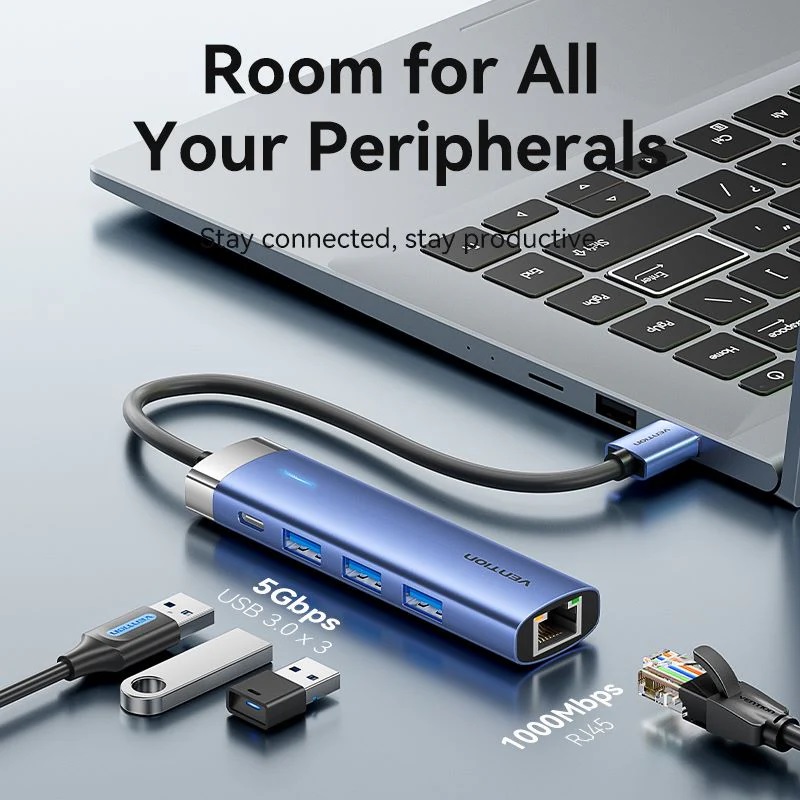 Vention Hub 5 in 1 con 3 Porte USB, 1 RJ45, 1 USB-C 0,15 mt Blue Aluminum Alloy Type TGFSB