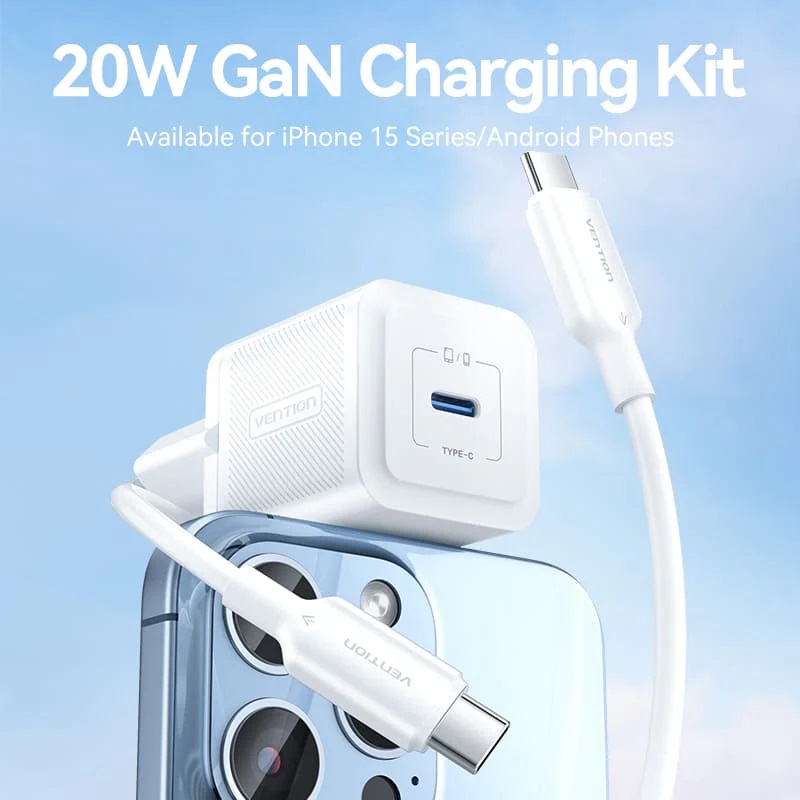 Vention Caricabatterie 20W USB-C GaN con Cavo Dati Type-C to Type-C 1 mt Black TZ-FEPB0-EU-01