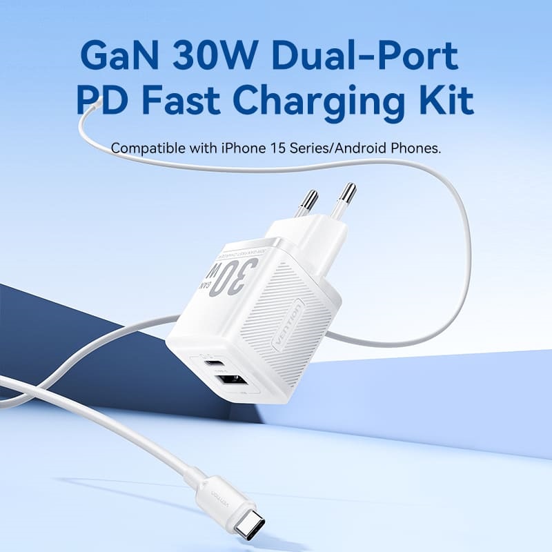 Vention Caricabatterie 30W 2 Porte (USB + USB-C) GaN con Cavo Dati Type-C to Type-C 1 mt White TZ-FEQW0-EU-01