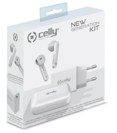Caricabatteria USB-C Celly NEWGENKITPROWH BUZ1WH 18W + auricolare True Wireless