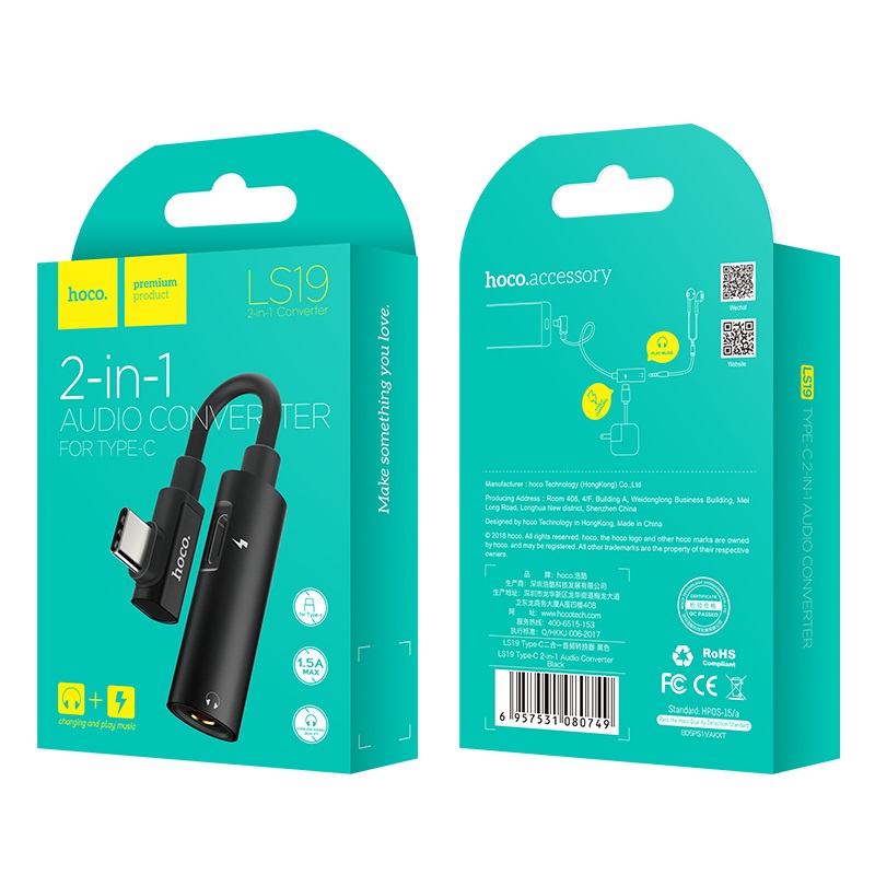 Adattatore Type-C a jack 3.5mm Hoco LS19 2in1 black