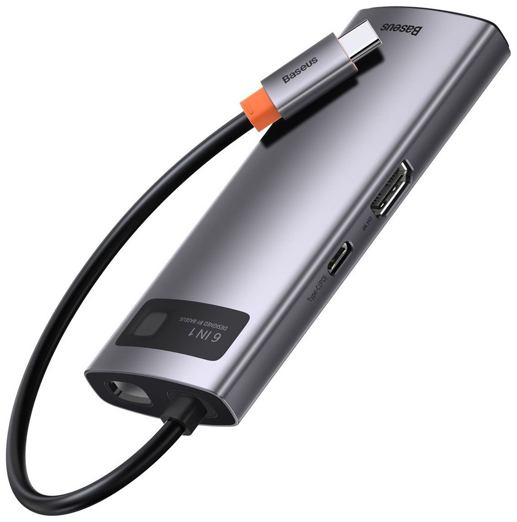 Hub USB-C Baseus 6 in 1 con 3 USB 3.0, 1 HDMI, 1 RJ45, 1 PD CAHUB-CW0G grey