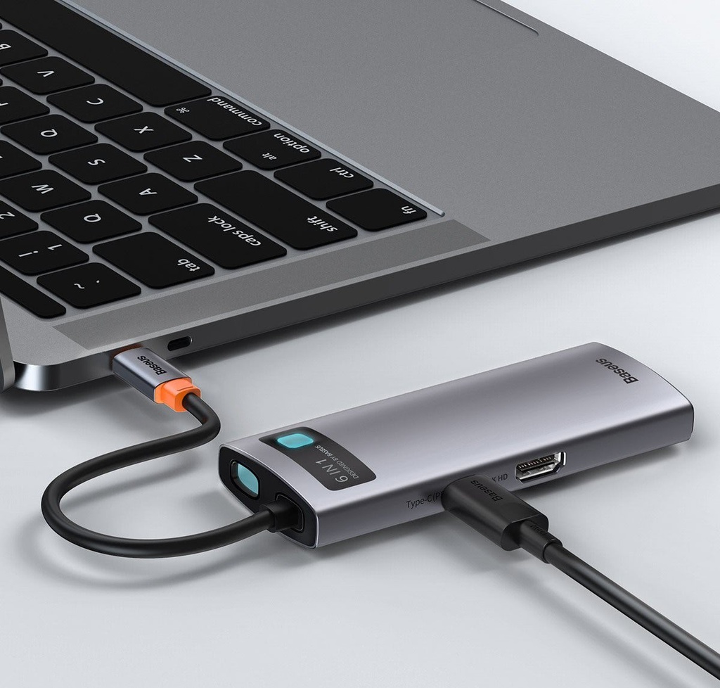 Hub USB-C Baseus 6 in 1 con 3 USB 3.0, 1 HDMI, 1 RJ45, 1 PD CAHUB-CW0G grey