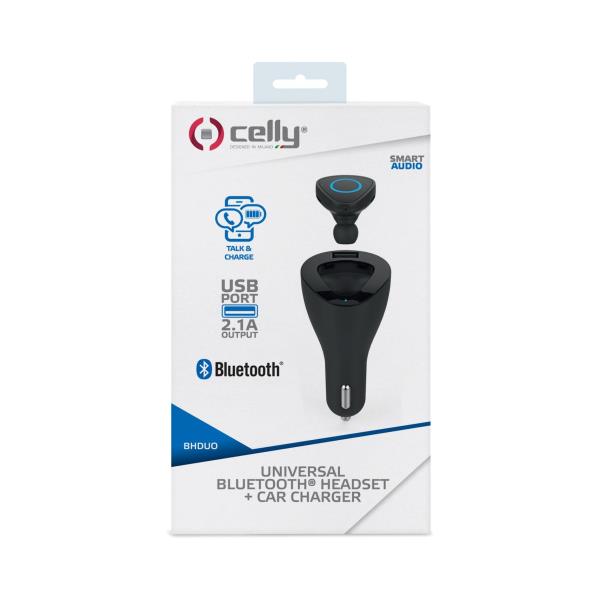 Caricabatteria auto USB + auricolare BT mono Celly BHDUOBK black