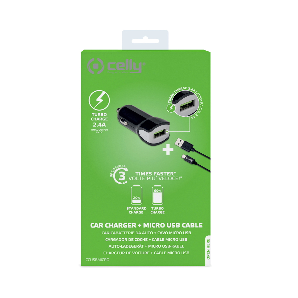 Caricabatteria auto USB Celly CCUSBMICRO  + cavo Micro Usb black