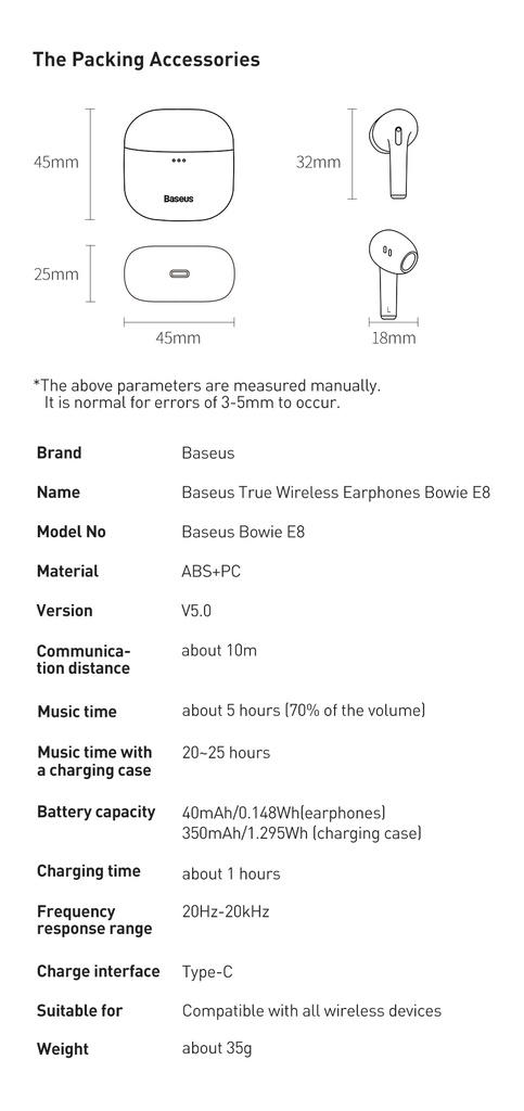 Auricolare bluetooth Baseus Bowie E8 TWS pods-style NGE8-02 white