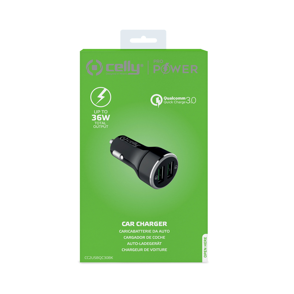 Caricabatteria auto USB Celly 18W 2 porte USB Pro Power CC2USBQC30BK