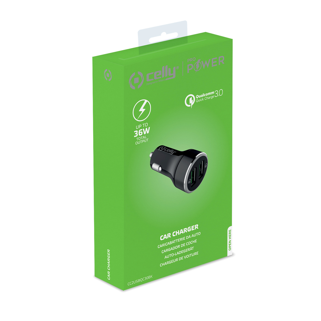 Caricabatteria auto USB Celly 18W 2 porte USB Pro Power CC2USBQC30BK