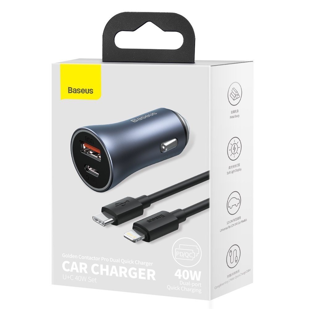Baseus caricabatteria da auto 40W USB+USB-C QC SCP + cavo Type-C a Lightning 1mt Golden Contactor Pro black TZCCJD-B0G