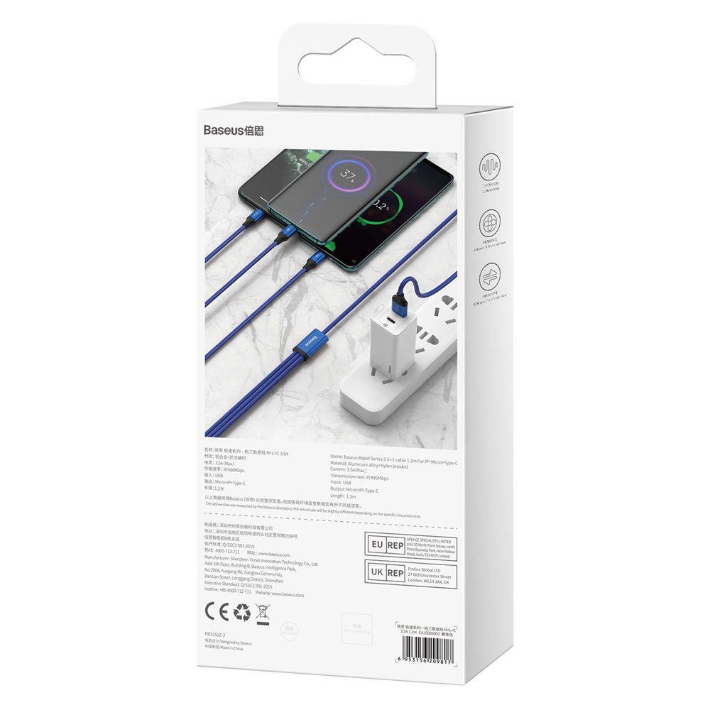 Baseus cavo dati 3in1 Type C, Lightning, MicroUsb 3A 1.2mt Rapid blue CAJS000003