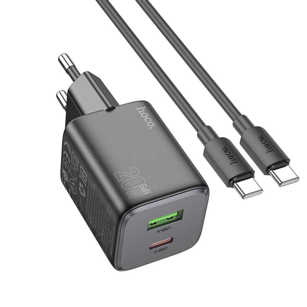 Hoco Caricabatterie 20W 2 porte (USB + USB-C) con Cavo Type-c to Type-c black N41