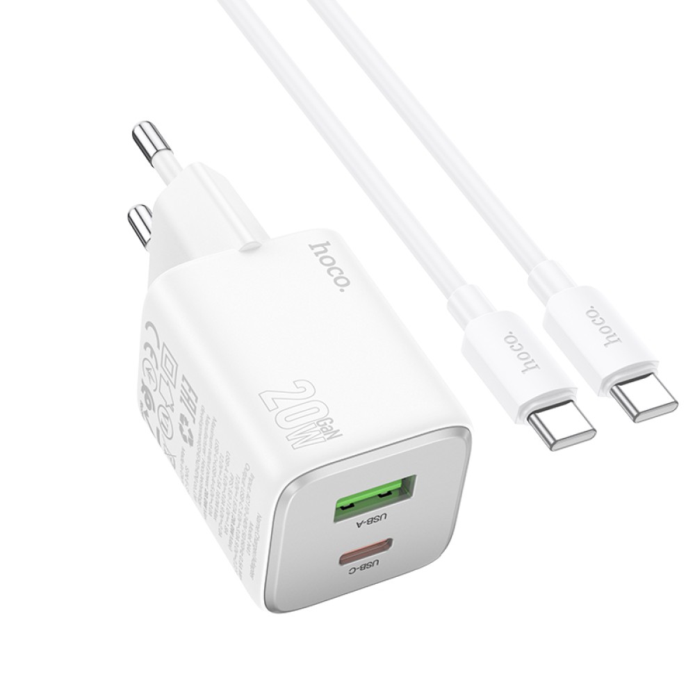 Hoco Caricabatterie 20W 2 porte (USB + USB-C) con Cavo Type-c to Type-c white N41