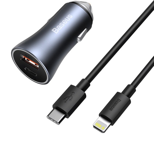 [6953156207639] Baseus Caricabatterie per Auto 40W 2 porte (USB + USB-C) con Cavo Dati Type-C to Lightning 1mt Golden Contactor Pro black TZCCJD-B0G