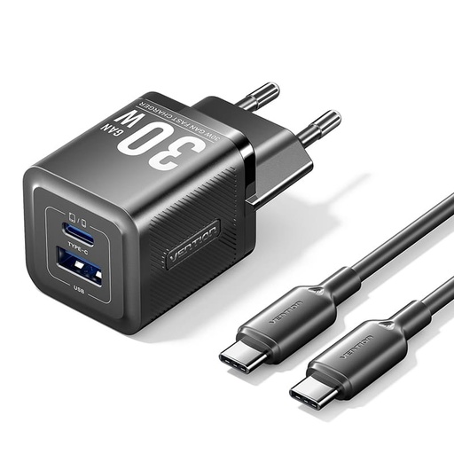 [6922794786356] Vention Charger 30W 2 Ports (USB + USB-C) GaN with Data Cable Type-C to Type-C 1 mt Black TZ-FEQB0-EU-01
