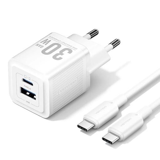 [6922794786387] Vention Charger 30W 2 Ports (USB + USB-C) GaN with Data Cable Type-C to Type-C 1 mt White TZ-FEQW0-EU-01